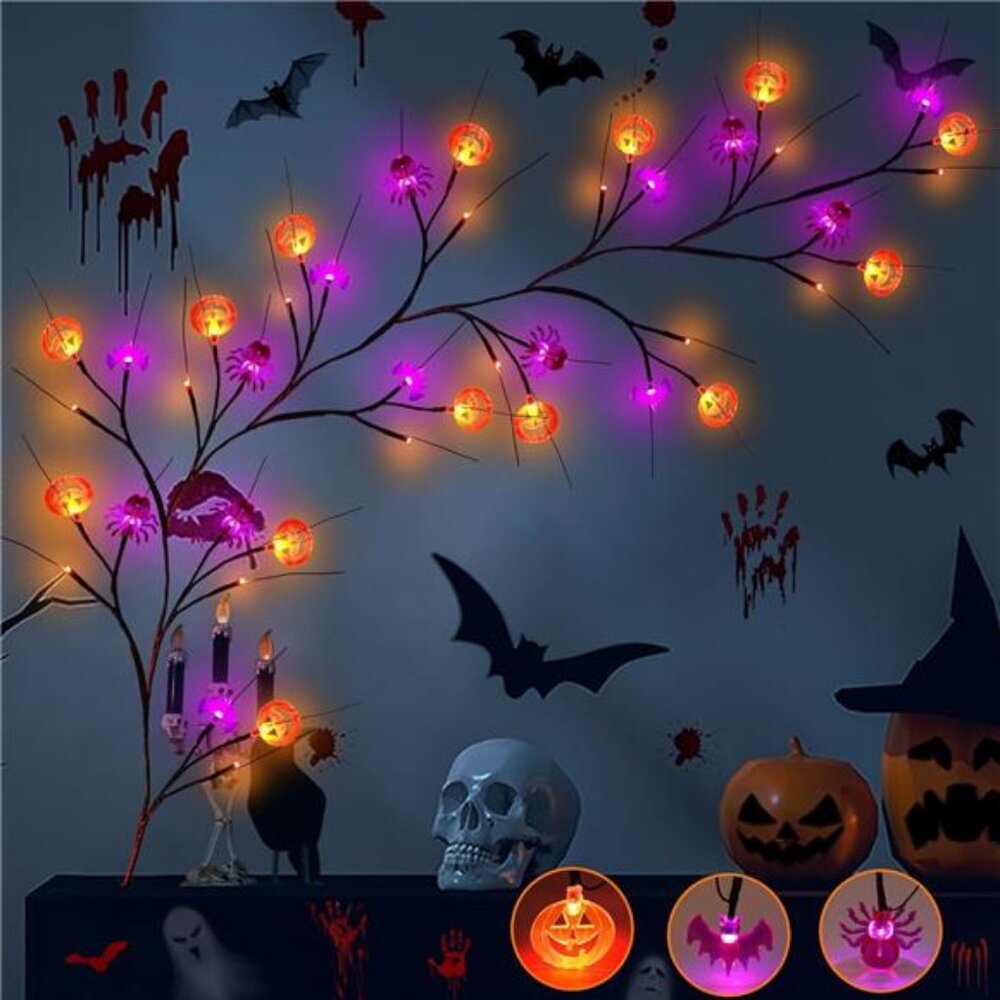 7Ft Halloween Willow Vine Lights - Orange & Purple with Spider,‎ Bat, Pumpkin
